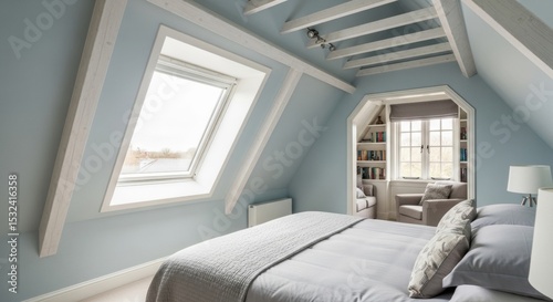 Serene attic bedroom with a skylight, exposed white beams, and a cozy reading nook in a loft conversion.