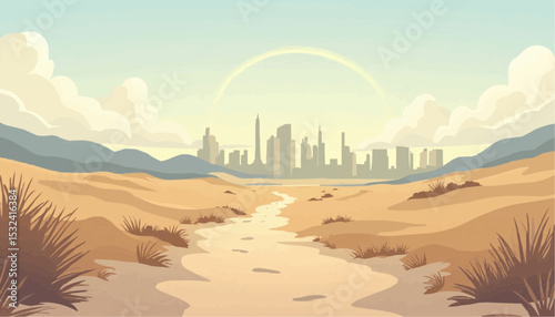 Desert Landscape With City Skyline in Background