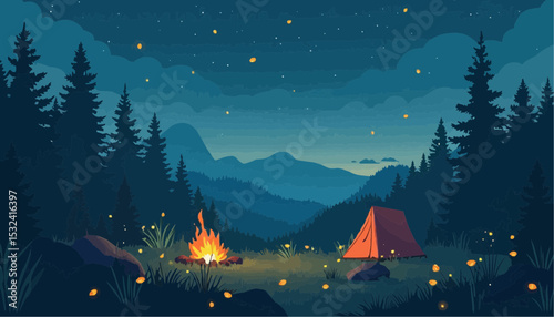 Camping under stars with campfire and tent