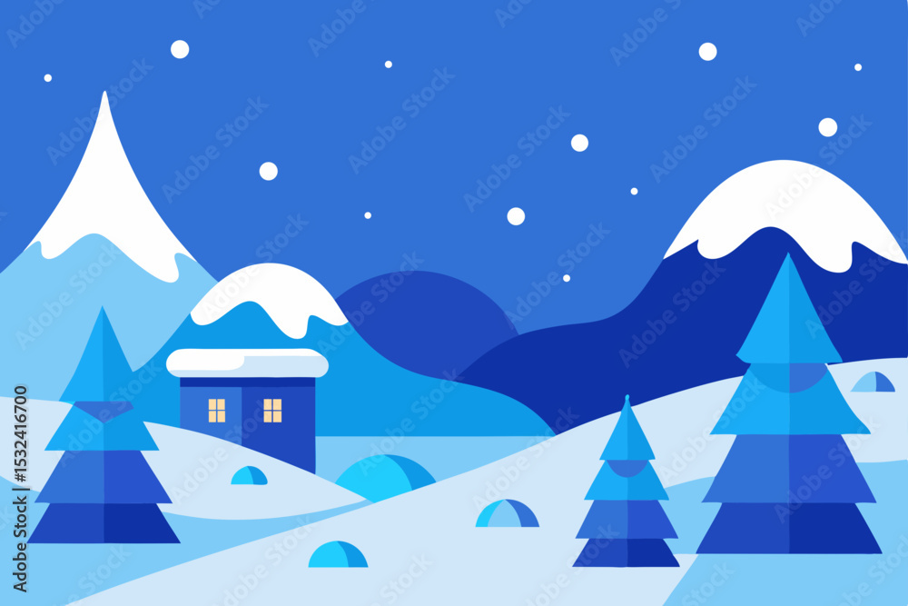 Fototapeta premium Serene Winter Landscape Snowy Mountains, Cozy Cabin, and Frosty Pines