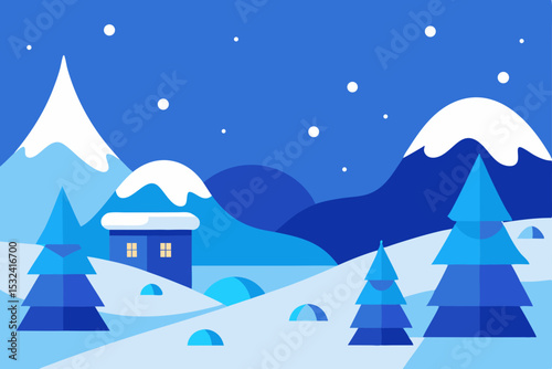 Serene Winter Landscape Snowy Mountains, Cozy Cabin, and Frosty Pines