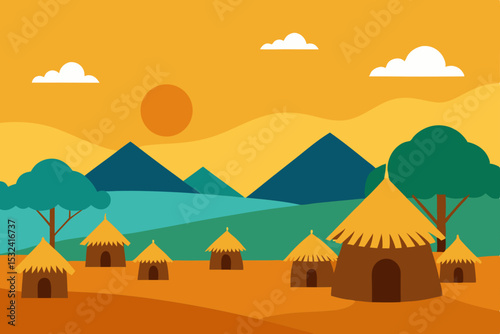 African Village Sunset  A Vibrant Landscape Illustration of Traditional Huts and Mountains