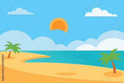 Tropical Beach Sunset Idyllic Summer Paradise Illustration