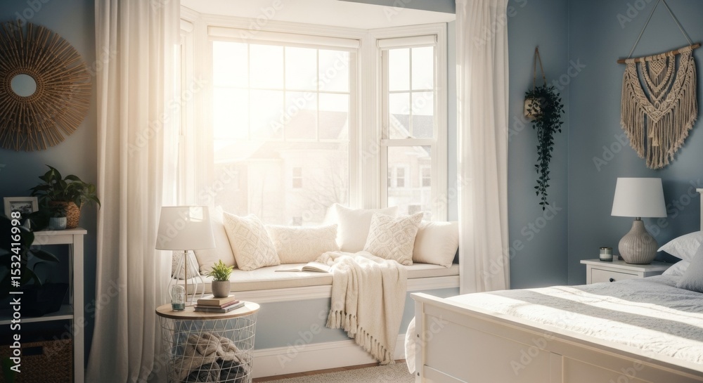Fototapeta premium Sun-drenched bohemian bedroom interior with a cozy bay window seat creating a serene and comfortable home atmosphere.