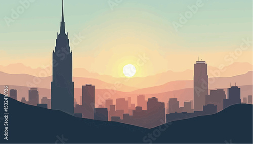City skyline sunrise over mountains