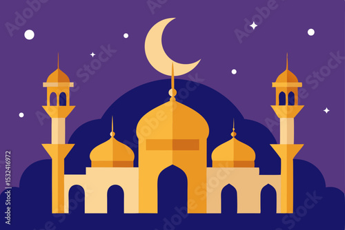 Night Scene of a Majestic Mosque under the Crescent Moon Islamic Architecture at Night