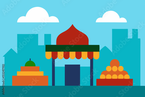 Vibrant Cityscape Mosque, Market Stall, and Urban Architecture Illustration