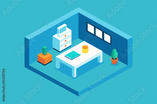 Isometric Minimalist Home Office Interior Design Desk, Plants, and Simple Decor