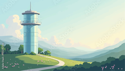Glass Tower on Hillside Landscape Illustration