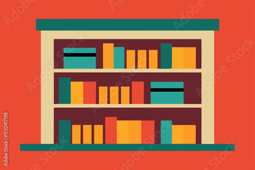 Organized Bookshelf A Colorful Illustration of  Neatly Stacked Books and Boxes