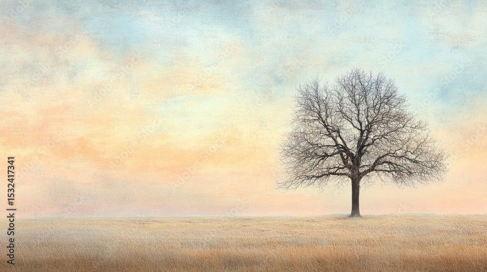 Fototapeta premium Solitary Tree Standing Amidst a Serene Landscape Under a Beautiful Soft Colored Sky at Dawn or Dusk in a Peaceful Countryside Setting