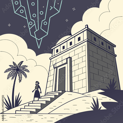 A figure ascends stairs to a stone building under a geometric sky with palm tree and clouds nearby