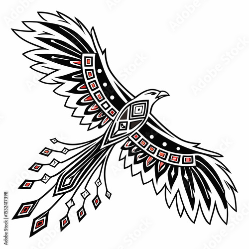 Stylized phoenix illustration with tribal patterns and red accents on a white background in flight pose