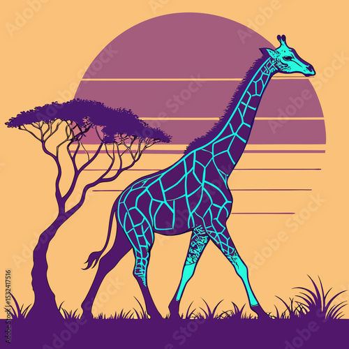 Illustration of a giraffe walking in the savanna with a tree and a sunset in the background