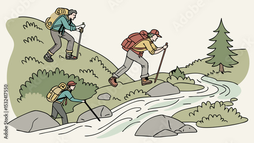 Three hikers with backpacks trekking uphill near a stream in a mountainous outdoor landscape scene