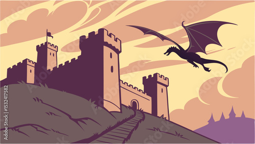 A dragon flies over a castle on a hill with a flag and a stone path leading to the entrance gate