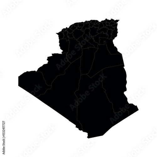 Silhouette map of Algeria showcasing its regional boundaries in a minimalist black design for educational or geographical use