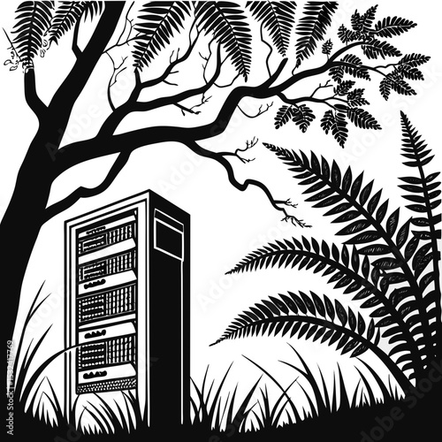 Server rack under a tree with fern fronds and grass in a black and white nature scene drawing art