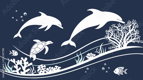 Two dolphins swimming with a turtle and fish in an underwater scene with coral and bubbles design