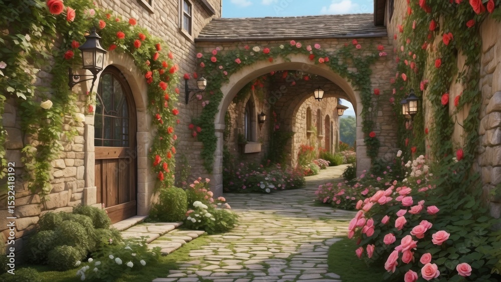 Fototapeta premium A Beautiful Courtyard in a Quaint Italian Village Setting
