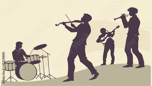 Silhouette illustration of a jazz band performing with various musical instruments onstage outdoors