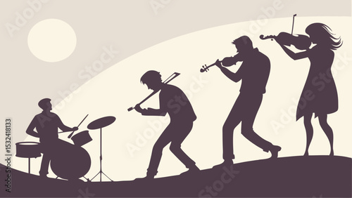Silhouette of a band playing musical instruments against a light background on a small hill