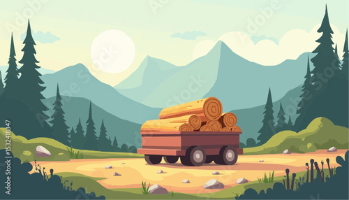 Log cart with wood in mountainous landscape