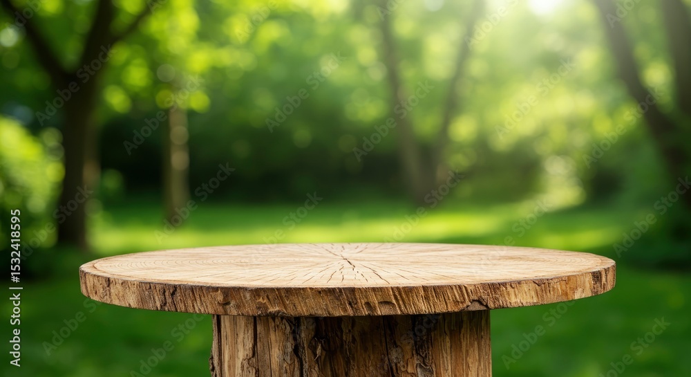 Fototapeta premium A wooden stump table sits outdoors with a blurred forest background