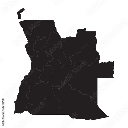 Silhouette map of Angola showcasing its regional boundaries in a minimalist black design for educational or geographical use