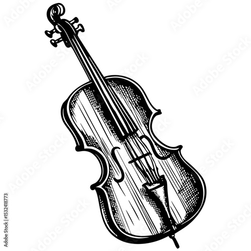 Classic cello instrument sketch. Detailed cello drawing with strings and sound hole. Vintage cello illustration perfect for music posters and vintage engraving.