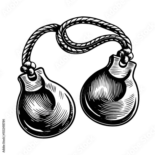 Vintage castanets illustration. Pair of classic castanets tied with rope. Detailed castanet drawing perfect for vintage design projects, flamenco posters, or Spanish culture publications.