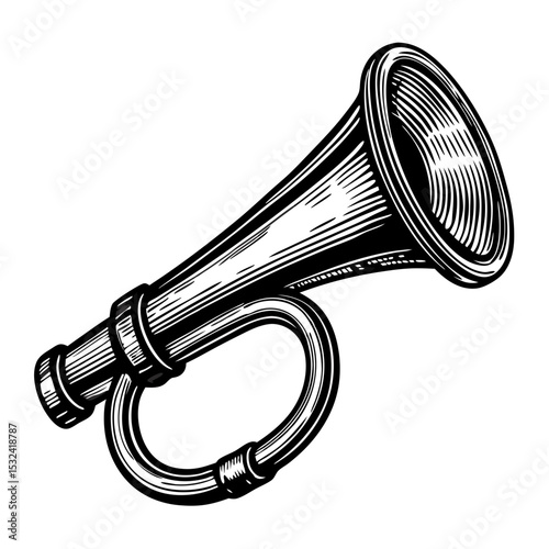 Vintage bugle illustration. Detailed bugle drawing shows brass instrument with curved tube and flared bell. This engraved bugle image is perfect for vintage posters and design projects.