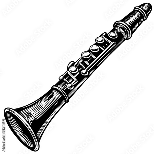 Detailed clarinet illustration in vintage style. This classic musical instrument is depicted with meticulous attention to detail, showcasing its elegant curves and intricate keys.