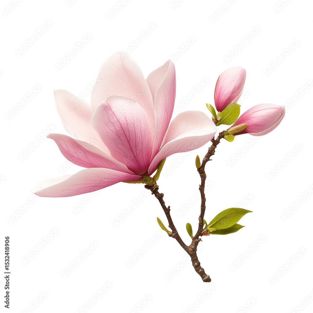 Fototapeta premium Magnolia, A close-up of a blooming magnolia flower, showcasing its large, delicate petals in shades of pink and white against green leaves, isolated on transparent background