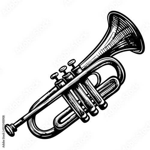 Vintage trumpet illustration. Detailed drawing of brass instrument. Classic trumpet design perfect for vintage posters and musical event invitations.