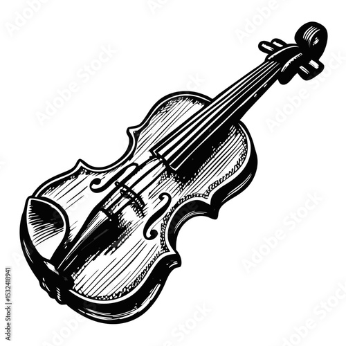 Detailed viola illustration in vintage engraving style. Musical instrument drawing shows strings, body, and neck.  Viola image perfect for classical music posters and vintage design projects.