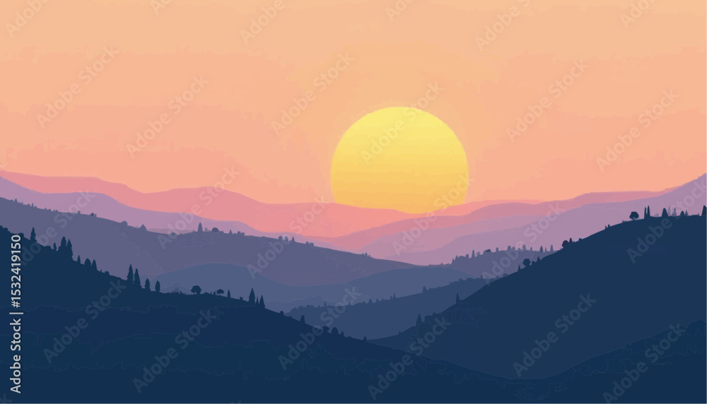 Obraz premium Mountain Sunset Landscape Illustration