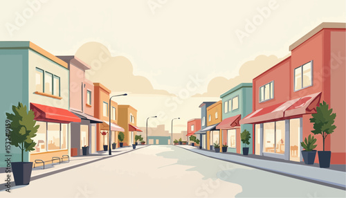 Street with Shops and Trees in Town