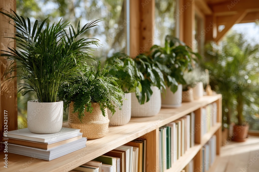 Fototapeta premium Green indoor plants arranged on wooden shelves in a sunlit room with a serene view