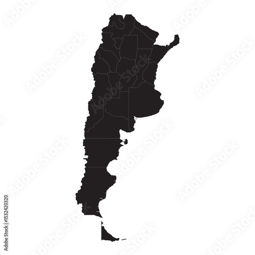 Silhouette map of Argentina showcasing its regional boundaries in a minimalist black design for educational or geographical use