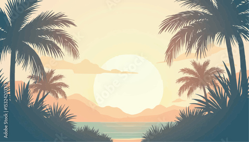 Tropical beach at sunset with palm trees and mountains