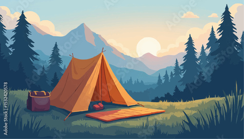 Camping tent in forest at sunrise