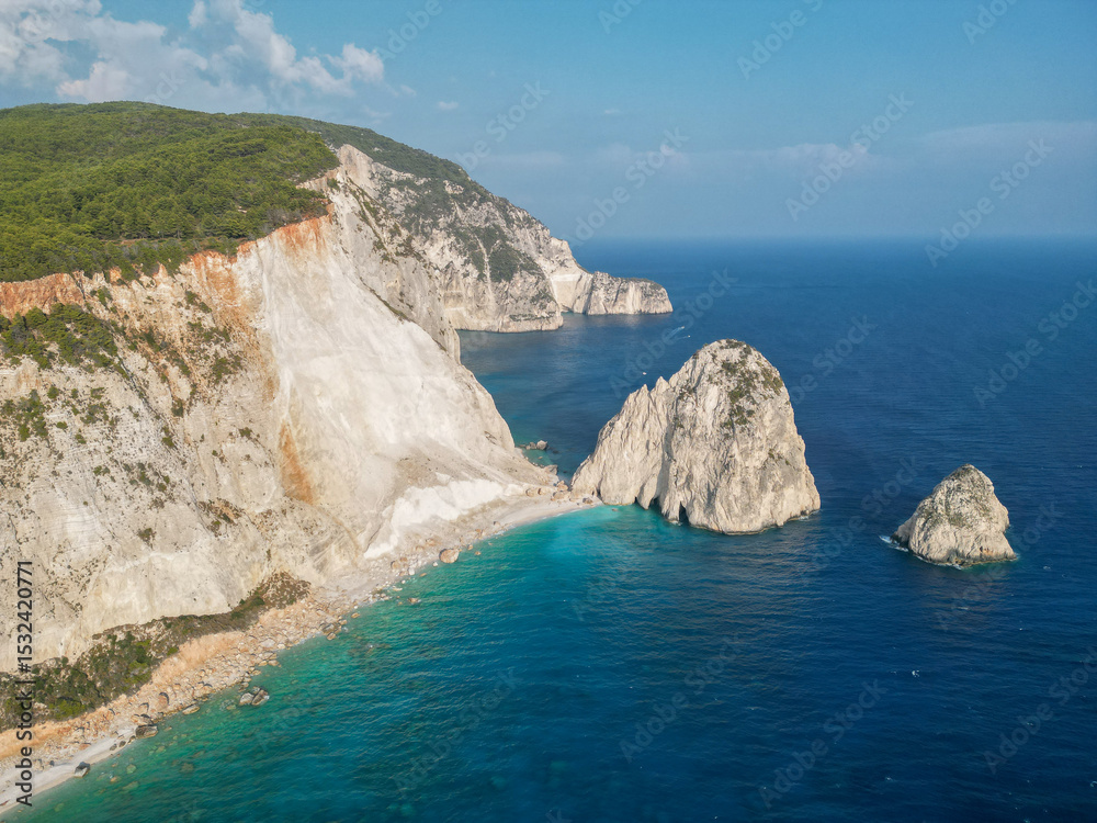 Fototapeta premium Mizithres Rocks, Zakynthos – Aerial View of Iconic Limestone Peaks in the Ionian Sea