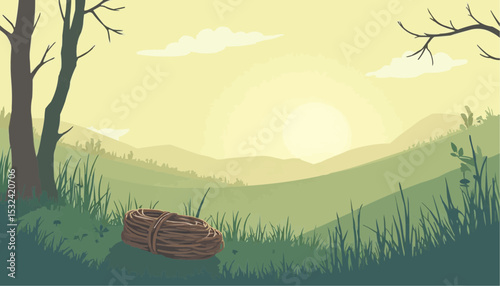 Coiled rope in grassy field under sunrise
