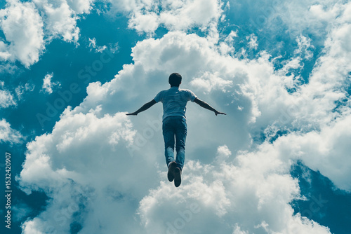 Wallpaper Mural Man floating amidst fluffy white clouds blue sky above Torontodigital.ca