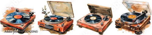 Vintage Turntable Vector Illustration, Record Player Isolated on White.