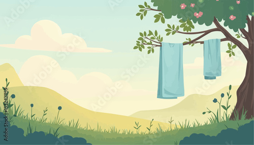 Towel drying on tree with leaves landscape