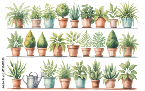 A watercolor illustration of 20 potted plants arranged in three rows against a white background.