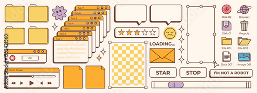 Hand drawn retro computer windows elements. Old computer aesthetic. Retro pc elements, user interface. Nostalgia for 1990s -2000s. Vector illustrations