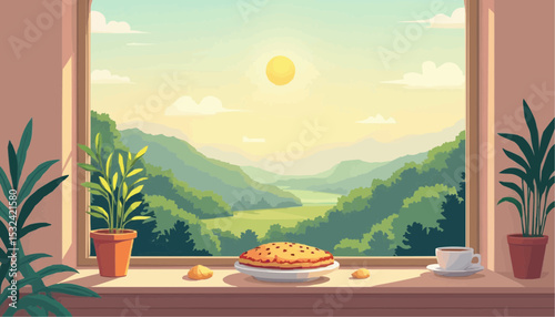 Pie on Window Sill with Mountain View